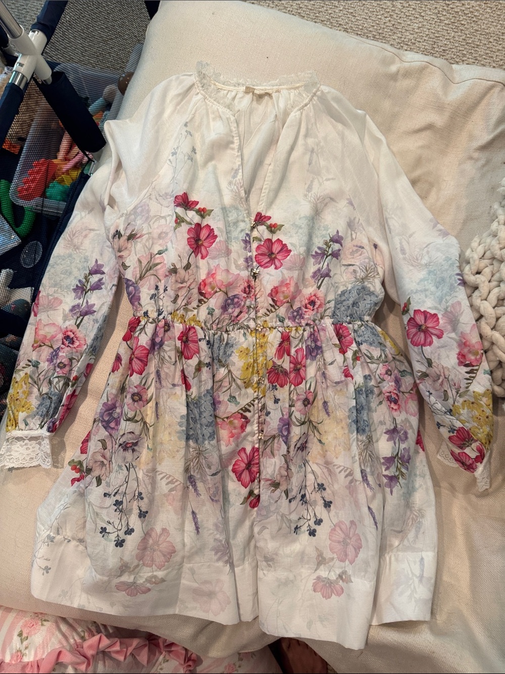 Anthropologie Cream Floral Tunic Dress with Pink & Yellow Blooms